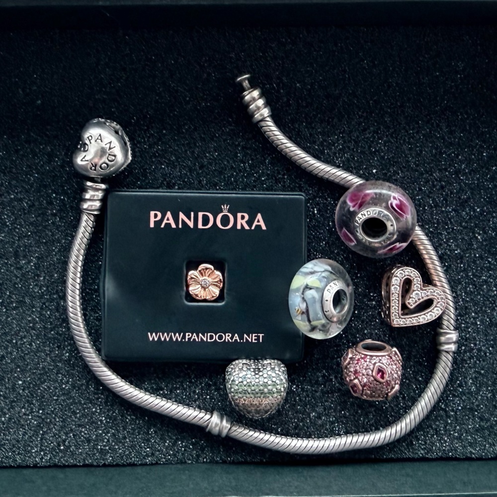 Authentic Pandora Bracelet + 5 Charms + Rose Gold Flower Pendant ALE S925